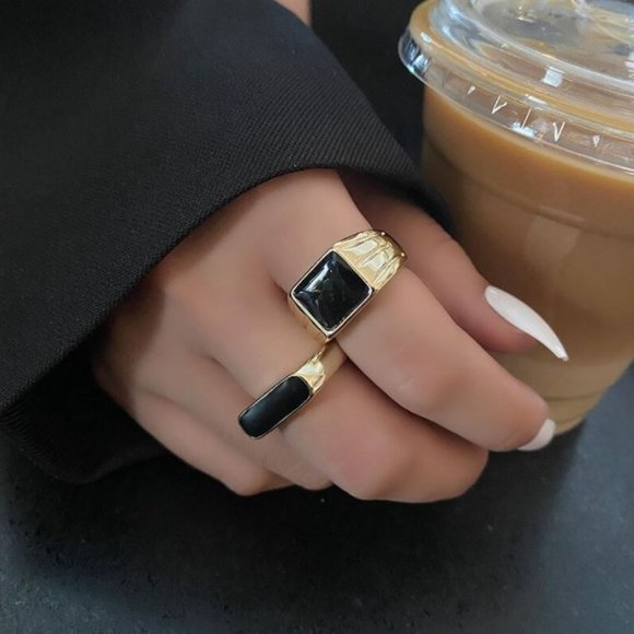 925 Sterling Silver Black Bar Ring Black Square Ring Gold Thick Ring Band - Picture 4 of 6